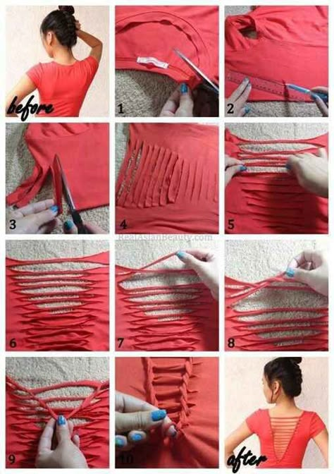 Add some interest to the back of a plain tee with this easy cut and weave tutorial. | 41 Awesomely Easy No-Sew DIY Clothing Hacks T Shirt Redesign, Umgestaltete Shirts, Sewing Tshirt, T Shirt Weaving, Diy Cut Shirts, Hantverk Diy, Cut Up Shirts, Shirt Tutorial, Skirt Diy