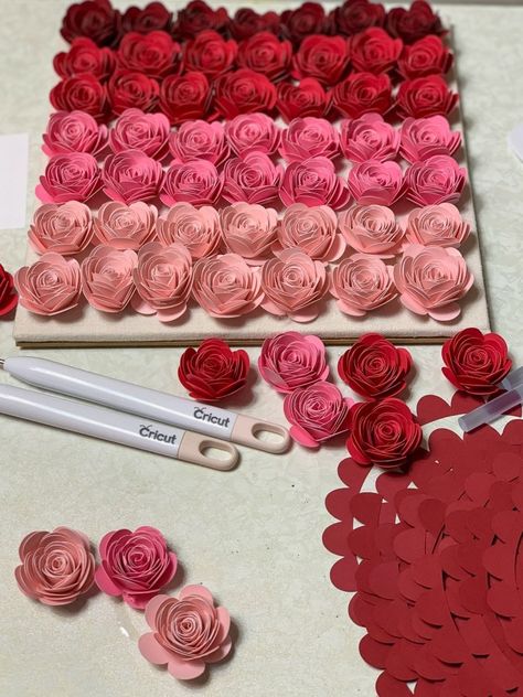 Red Rose Paper Flowers, Paper Roses Cricut, Cricut Roses Paper Flowers, How Do You Make Paper Flowers, Flowers Making Crafts Paper, Make A Flower, Cricut Flower Shadow Boxes, Rose Paper Flowers Diy, How To Make A Flower