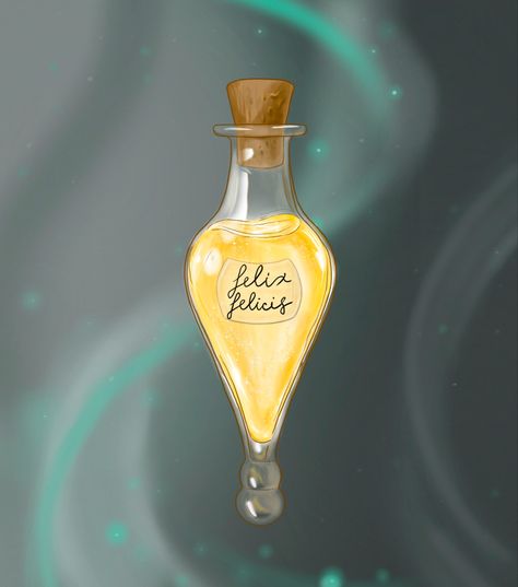 Drawing of a vial with a Felix Felicis potion. Part of Harry Potter world Luck Potion Harry Potter, Liquid Luck Potion, Felix Felicis Drawing, Liquid Luck Tattoo, Liquid Luck Harry Potter, Good Luck Illustration, Felix Felicis Tattoo, Soulmate Tattoos, Luck Potion