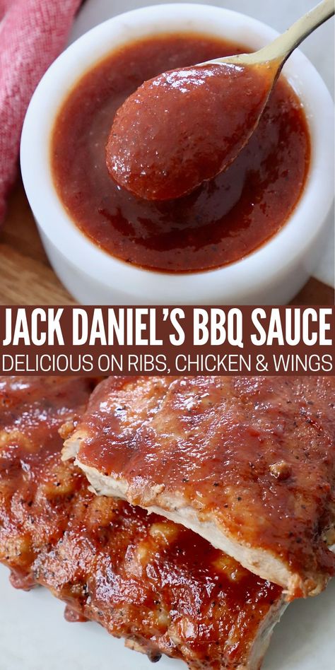 If you're looking for a homemade bbq sauce that's sticky sweet and delicious, look no further than this recipe for Jack Daniels BBQ Sauce! The whiskey is simmered down to add a hint of spice and smoke to this sweet barbecue sauce that's rich in flavor. It's easy to make and delicious brushed on ribs, tossed with chicken strips, or used as a dipping sauce! Whiskey Bbq Sauce Recipes, Smokey Bbq Sauce Recipe, Spice Rub Recipes, Sticky Bbq Sauce, Jack Daniels Bbq Sauce, Pork Rub Recipe, Dipping Sauce For Chicken, Babyback Ribs Recipe, Babyback Ribs