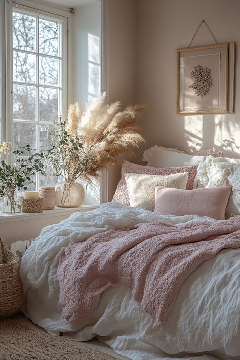 Create a stylish and comfortable white and pink bedroom for teenage girls. Explore crisp white bedding, blush pink accent walls, and delicate floral patterns. Discover white furniture with pink cushions, rose gold metallic accents, and romantic artwork. Find inspiration for pink and white striped curtains, plush pink rugs, and crystal chandeliers to design a space that's both trendy and cozy. Pink And White Bedroom With Plants, Bedroom Ideas White Comforter, Pink Cream Tan Bedroom, Brown White Pink Bedroom, Pink Accent Room Aesthetic, Day Beds Aesthetic, Pink And Cream Room Aesthetic, Dusty Pink And White Bedroom, Brown And Pink Bedroom Decor