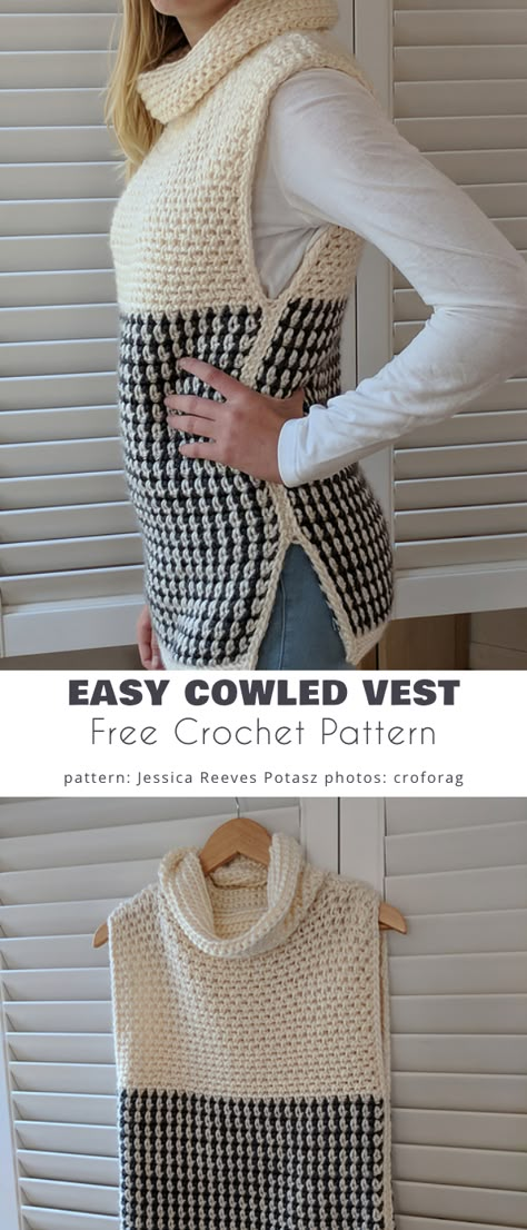 Cowl Vest Free Crochet Patterns Chunky Vest Crochet Pattern, Crochet Slipover Vest, Crochet Cowl Vest Pattern Free, Free Crochet Waistcoat Pattern, Crochet Pattern Vest Women, Crochet Sleeveless Vest Pattern Free, Sleeveless Crochet Vest, Crochet Christmas Vest Pattern Free, Crochet Pullover Vest