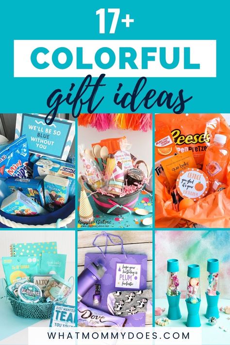 Gifts By Color, Favorite Color Gift Basket, Gift Box Color Theme, Color Coded Basket Gift, White Basket Ideas For Color Party, Color Themed Birthday Gift Baskets, Colorful Gift Basket Ideas, Teal Themed Gift Basket, Color Theme Gifts