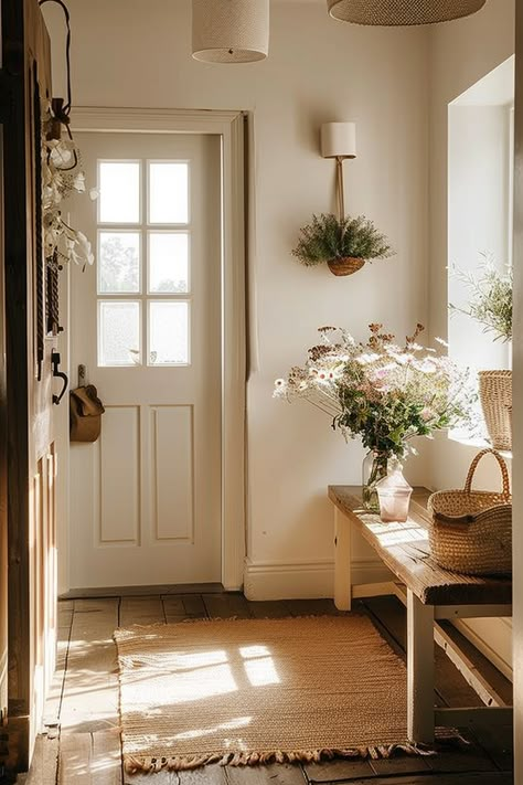 Explore cozy living room entryway ideas that blend cottagecore charm with rustic elements. Create a warm and inviting space. 🌟🏠 Vintage Entrance Hall Decor, Aesthetic House Entryway, Cozy Cottage Entryway, Entryway Cottagecore, Cottage Core Hallway, Long Entrance Hall Ideas, Cottage Core Decor Ideas, Spring Home Aesthetic, Cottagecore Hallway