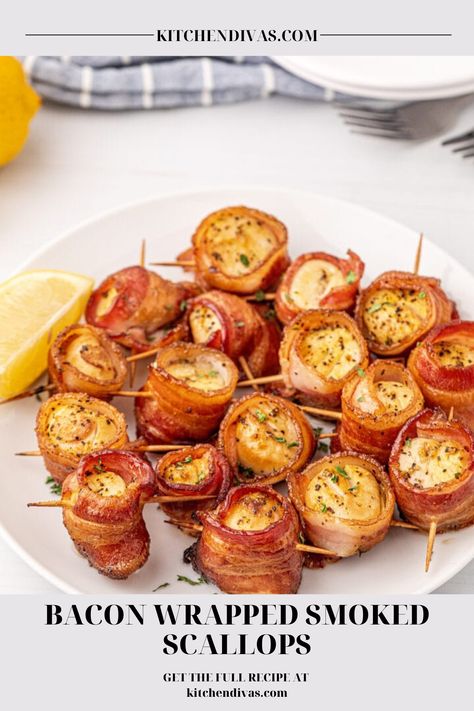 Plateful of bacon wrapped smoked scallops. Smoked Scallops, Bacon Scallops, Easy Smoker Recipes, Bacon Wrapped Scallops, Pellet Grill Recipes, Smoked Cooking, Scallop Recipes, Smoked Fish, Smoker Recipes