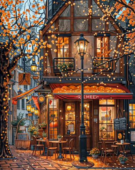 Cozy Cafe Drawing, Fall Cafe Aesthetic, Autumn Illustration Wallpaper, Fall Aesthetic Painting, Fall Aesthetic Art, Autumn Illustration Art, Cafe Oil Painting, Autumn Drawing Ideas, Fall Cafe