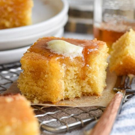 The BEST Homemade Cornbread • Dance Around the Kitchen Cornbread With Cake Mix Recipe, Johnny Cakes Recipe, Blue Treats, Johnny Cakes, Pumpkin Dump, Cornbread Recipe Sweet, Rhubarb Muffins, Cake Mix Recipe, Rhubarb Custard