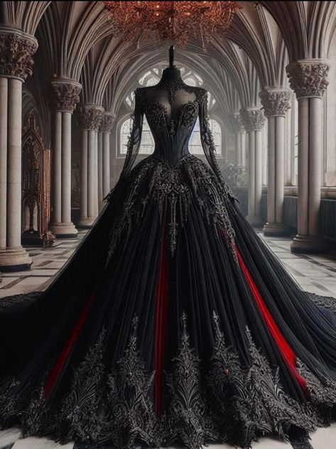 Dark Academia Gowns, Dark Fantasy Wedding Dress, Black Fantasy Dress Queens, Black Fantasy Gown, Dark Academia Wedding Dress, Red And Black Ball Gown, Emo Wedding Dresses, Black Wedding Dresses Gothic, Vampire Wedding Dress