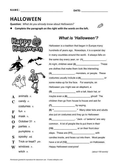 What is Halloween? Reading Gap-Fill Halloween Reading Activities, Free Halloween Worksheets, Halloween Reading Activity, High School Halloween, Hallowen Crafts, Halloween Questions, Halloween Worksheet, Esl Materials, Hello English