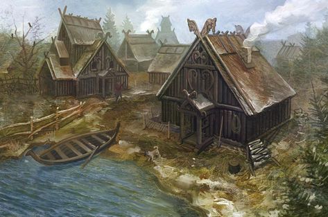 Viking Village. These buildings, especially in light of the horse adornments, are more typical of those which would be found in Kronerin (especially in the northern region of such). Viking Houses, Viking Architecture, Nordic Architecture, Viking House, Art Viking, Viking Village, Old Village, Viking Life, Nordic Vikings