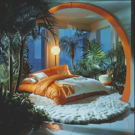 Vintage Miami Interior Design, 80s House Design, 80s Bedframe, Dark 80s Interior Design, 90s Luxury Interior, 80s Miami Aesthetic Bedroom, 70s Style Bedroom Retro, 80s Miami Decor, Retro Vintage Bedroom Aesthetic