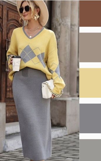 Gray Color Combos Outfits, Color Story Fashion, Summer 2023 Office Outfits, Elegant Colour Combinations, Colour Combination With Grey, Colors That Go Well Together, Yellow Grey Outfit, Yellow And Grey Outfit, Pantone Outfit