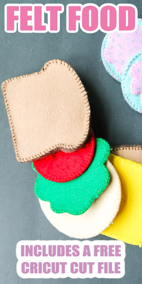 Make DIY felt play food with your Cricut machine and this free SVG file! Easy to make and toddlers will love this pretend food! #cricut #cricutmade #freesvg Fabric Play Food Diy, Cricut Felt Food, Felt Bakery Food Free Pattern, Cricut Toddler Projects, Easy Felt Food Diy, Free Felt Food Patterns Printables, Felt Cricut Projects, Felt Play Food Patterns Free, Felt Toy Patterns Free Templates