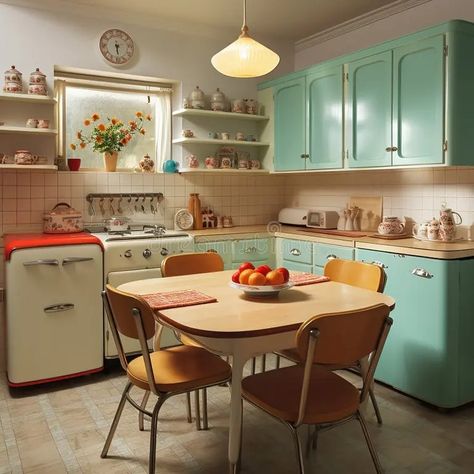 Vintage Kitchen Furniture, 50s Themed Kitchen, 50s Inspired Kitchen, 1950 House Interior Ideas, 1950s Kitchen Aesthetic, 80’s Kitchen, 50s House Aesthetic, 50s Style House, 50s House Interior