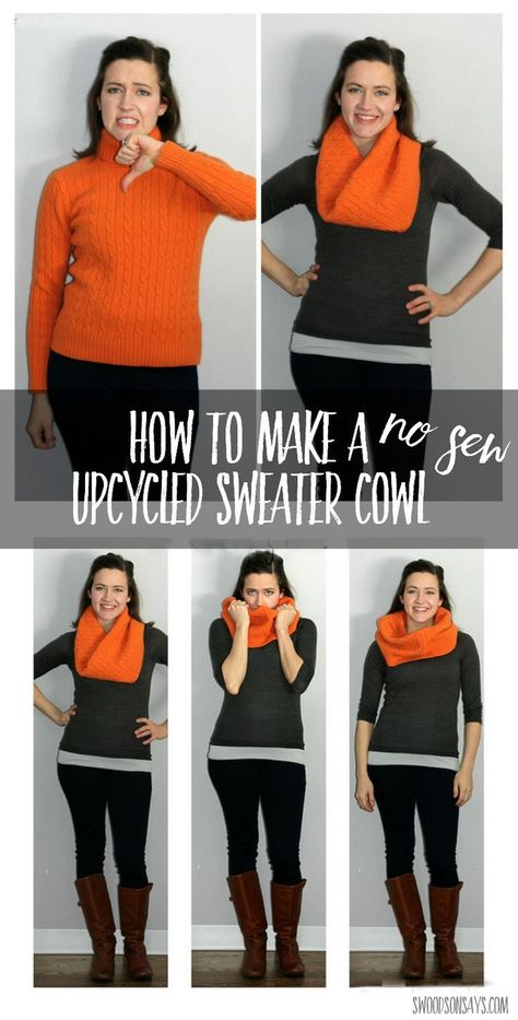 Easy wool sweater upcycle idea! Just cut and wear - no sewing required. Such a fun refashion tutorial, perfect for a craft night or to make with teenagers.What better way to get a cozy cowl for practically free! Click through to see a second example and m Diy Cowl, Sweater Upcycle, Repurpose Projects, Diy Clothes Refashion, Scarf Ideas, Diy Clothes Videos, Sweater Refashion, Upcycle Sewing, Old Sweater