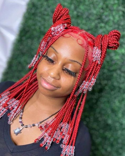 #boxbraidshairstyles #boxbraids #braidedhairstylesforblackwomen #braids #braidstyles #braidedhair #braidsforblackwomen #braidshairstyle #braidswithbeads Red Short Knotless Braids With Beads, Red Knotless Box Braids With Beads, Red Knotless With Beads, Short Red Braids With Beads, Red Short Knotless Braids, Red Knotless Braids With Beads, Red Braids Hairstyles, Red Braids With Beads, Red Braided Hairstyles For Black Women