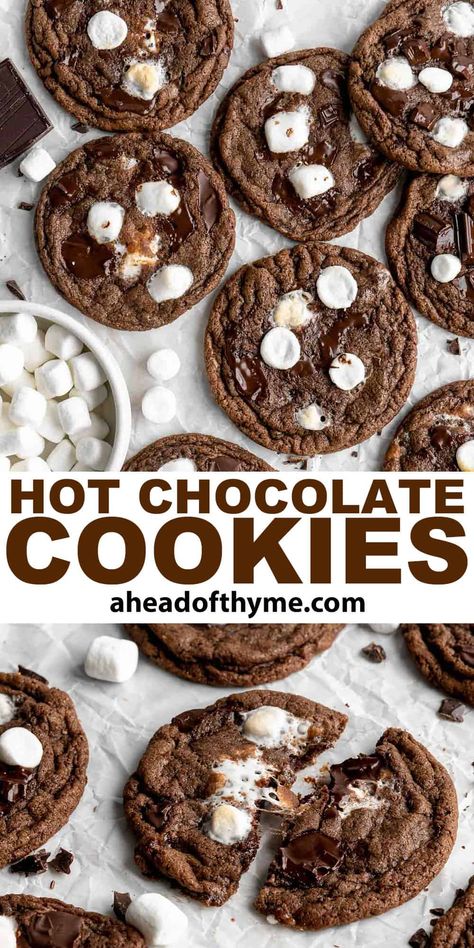 Hot Chocolate Cookies Christmas’s Cookie Recipe, Hot Chocolate Baked Goods, Hot Cocoa Baking Recipes, Crumbl Hot Chocolate Cookies, Hot Chocolate Chip Cookies, Hit Chocolate Cookie, Frozen Hot Cocoa Cookies, Hot Coco Cookies Recipes, Snow Day Baking Ideas