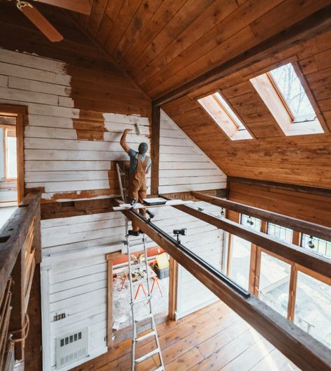 Cabin White Walls, Gambrel Cabin, Log Cabin Update, Painted Log Home Interior, Painted Log Cabin, Hunter House, Log Home Interior, Cabin Renovation, House Renovation Projects