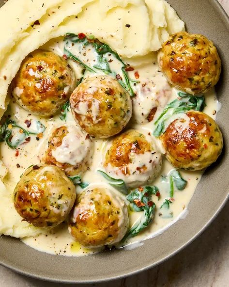 Parmesan Chicken Meatballs with Creamy Spinach Recipe | The Kitchn Chicken Meatballs Pasta, Easy Chicken Meatballs Baked, Cook Ideas Easy, Food Recipes Fall, Chicken Meatballs And Mashed Potatoes, Creamy Chicken Meatballs, Chicken Meatball Recipe Main Dishes, Meat Entrees Main Dishes, Chicken Meatball Meals