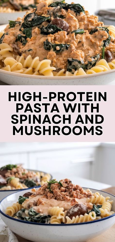 This organic pasta recipe is ideal for high protein dinner recipes instant pot lovers. A comforting dish for easy meals high protein and deliciously healthy. High Protein Dinner Recipes, Dinner Recipes Instant Pot, Meal Prep High Protein, Meals High Protein, High Protein Recipes Dinner, Protein Dinner Recipes, High Protein Pasta, Spinach And Mushrooms, Pasta With Spinach