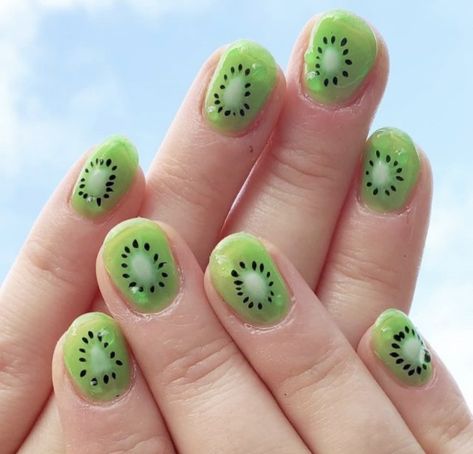 Fruit Gel Nails, Veggie Nails, Nail Art Hijau, Silly Nails, Kiwi Nails, Quick Nails, Fruit Nail, Anting Manik, Emerald Nails