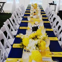 Navy and Yellow Reception Decor                                                                                                                                                                                 More Blue And Yellow Wedding Theme, Royal Blue And Yellow Wedding, Reception Centerpieces Diy, Wedding Reception Centerpieces Diy, Wedding Ideas Yellow, Royal Blue Wedding Decorations, Blue Yellow Weddings, Yellow Wedding Decorations, July 4th Wedding