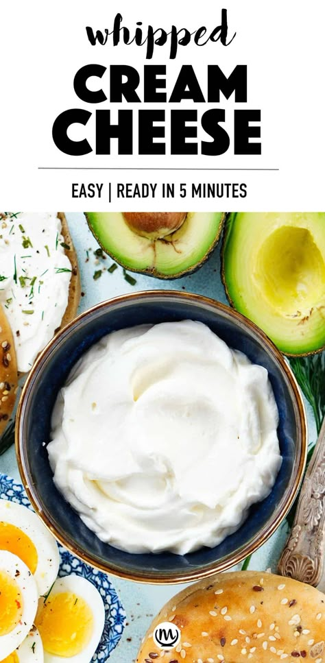 Ready in less than 5 minutes, this deli-style whipped cream cheese is delicious, with a luxuriously light texture, and endlessly versatile. #creamcheeserecipes #creamcheesedips #breakfastideas #brunchideas Whipped Cream Cheese Spread, Dip For Pretzels, Bagel Ideas, Keto Dressing, Diy Whipped Cream, Healthy Cream Cheese, Hors Devours, Healthy Orange Chicken, Homestead Cooking