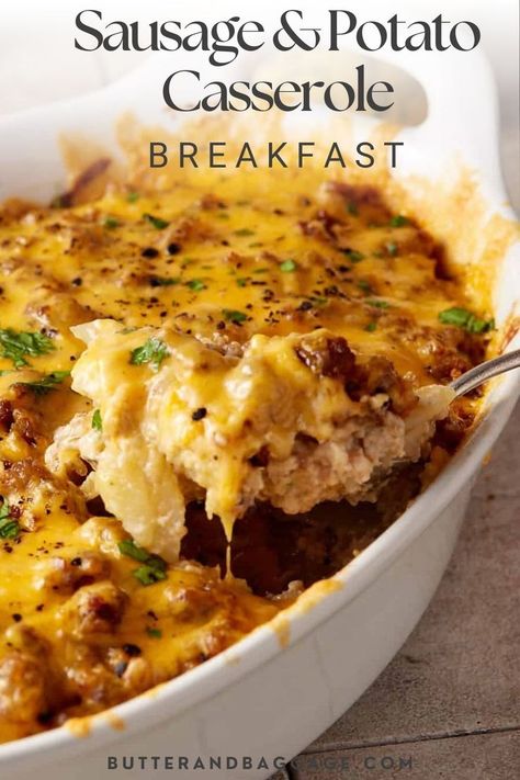 A Sausage and Potato Breakfast Casserole. Sausage And Potato Casserole Breakfast, Breakfast Sausage Potato Casserole, Breakfast Casserole Real Potatoes, Easy Breakfast Casserole With Potatoes, Breakfast Egg Sausage Potato Casserole, Potato Bacon Egg Cheese Casserole, Egg Casserole Recipes With Potatoes, Breakfast Casserole Diced Potatoes, Cheesy Breakfast Potato Casserole