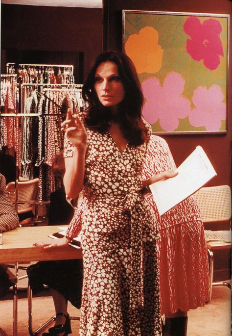 From the archives: Diane von Furstenberg in her showroom in the 70s. Diane Von Furstenberg 70s, Diana Von Furstenberg, Diane Von Furstenberg Wrap Dress, Disco Dress, 1970s Dresses, Studio 54, 1970s Fashion, 70s Dress, Hippie Dresses