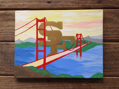 49ers and Golden Gate Bridge acrylic canvas painting! San Francisco... This is how I make my apartment in Iowa feel a little more like home. :) Golden Gate Bridge Painting Easy, 49ers Canvas Painting, 49ers Painting, San Francisco Bridge, Bridge Painting, Drawing Ideas List, Psychadelic Art, Canvas Drawings, Painting Canvases