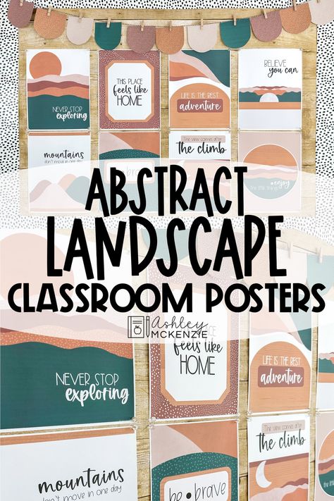 Classroom posters are displayed on a bulletin board featuring abstract landscape designs. Desert Theme Classroom Door, Mountain Classroom Bulletin Boards, Mountains Classroom Decor, Classroom Mountain Decor, Desert Classroom Theme, Ashley Mckenzie, Easy Bulletin Boards, Inspirational Bulletin Boards, Infant Toddler Classroom