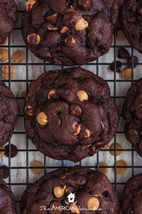 The BEST Chocolate Cookies with Reese's Peanut Butter Chips Double Chocolate Chip Peanut Butter Cookie Recipe, Chocolate Cookie Peanut Butter Chips, Triple Chocolate Peanut Butter Cookies, Reese Chip Cookies, Best Peanut Butter Chip Cookies, Chocolate Reeses Pieces Cookie, Chocolate Cookies Peanut Butter Chips, Peanut Butter Chip Desserts, Chocolate Cookies With Reese’s Pieces