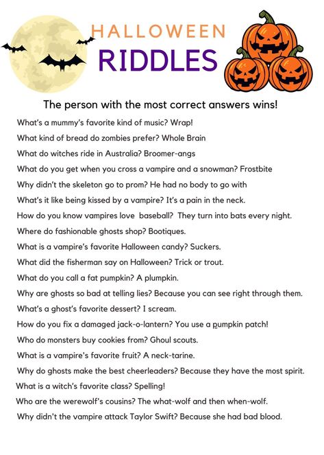 Get your little boys and ghouls excited about the holiday with this fun and engaging riddle game. Our game is perfect for a classroom party, family gathering, or just a fun activity to celebrate the holiday. This printable game includes 20 Halloween-themed riddles that are sure to challenge and entertain your little ones. The player with the most points at the end of the game wins! Our Halloween Riddle Game is a fun way to celebrate the holiday. It's also a great way to encourage critical thinki Halloween Brain Teasers, Halloween Riddles, Halloween Party Activities, Lunchbox Notes, Halloween Games For Kids, Halloween Bash, Halloween Party Games, Brain Teaser, Jokes And Riddles