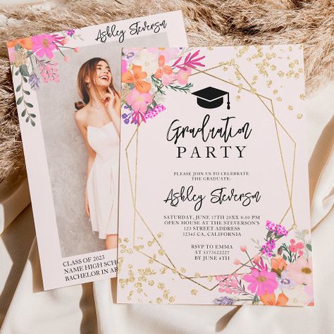 Gold Glitter Floral Watercolor Photo Graduation Invitation #zazzle #weddinginvitations #birthdayinvitations #babyshowerinvitations #zazzleinvitations #monogram #businesscards #graduation #homedecor Grad 2025, Grad Party Inspo, Grad Party Theme, Grad Party Invitations, Graduation 2025, College Grad Party, Senior Things, Watercolor Photo, Graduation Party Diy