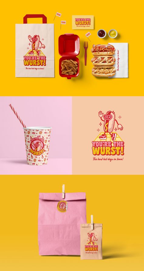 Dessert Label Design, Retro Design Packaging, Cool Packaging Design Box Creative, Retro Packaging Design Food, Delivery Branding Design, Snack Branding Design, Burger Branding Design, Burger Graphic Design, Brand Identity Design Creativity