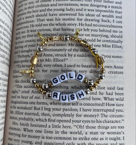 evermore gold rush bead bracelet inspiration ideas easy taylor swift Gold Rush Bracelet, Gold Rush Taylor Swift Bracelet, Evermore Friendship Bracelet, Beaded Braclets, Gold Rush, Clay Beads, Bracelet Designs, Friendship Bracelets, Swift