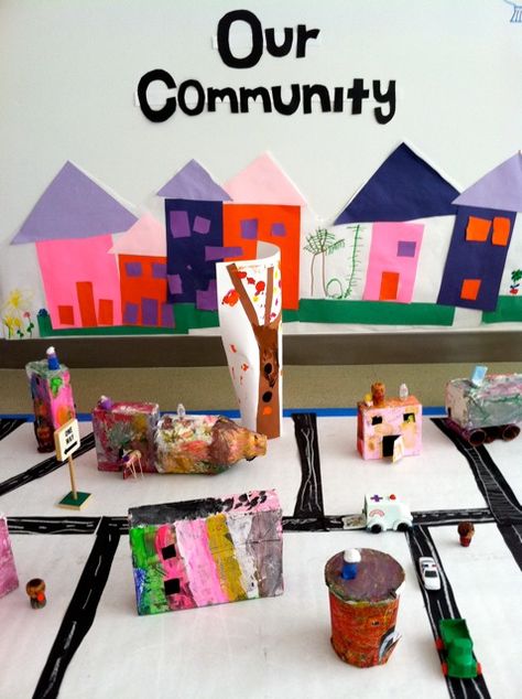 "Our Community" Children's Craft Project | Paper mache & paint what you see in your city. Community Provocations Kindergarten, Where We Live Preschool Activities, Social Studies Preschool, Where Do I Live, Meri Cherry, Communities Unit, Community Helpers Unit, Community Helpers Theme, Community Workers