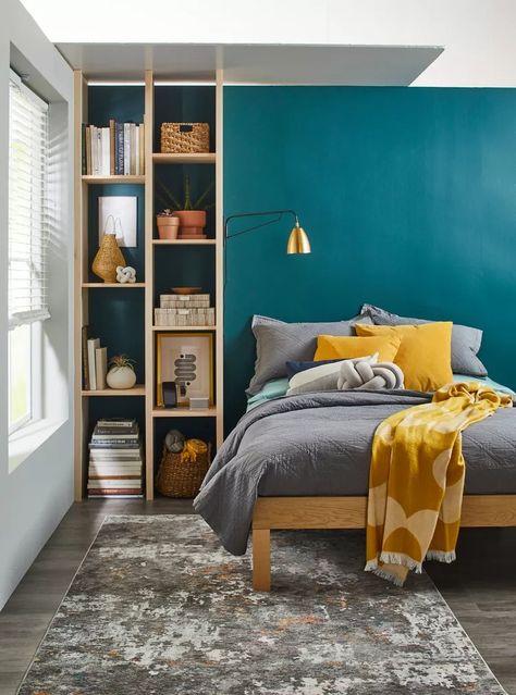 15 Cheery Colors That Go with Yellow Bedroom Shelving, Maximalist Room, Bedroom Shelves, Diy Bedroom Storage, Diy Wood Shelves, Custom Shelving, Estantes Flotantes, Shelves In Bedroom, Primary Bedroom