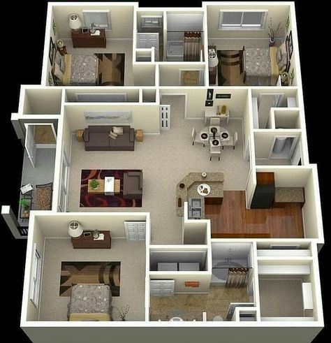 Flat Floor Plan, Unique Small House Plans, Three Bedroom House Plan, 3d House Plans, House Plans 3 Bedroom, Apartment Floor Plans, Sims House Plans, House Construction Plan, House Layout Plans