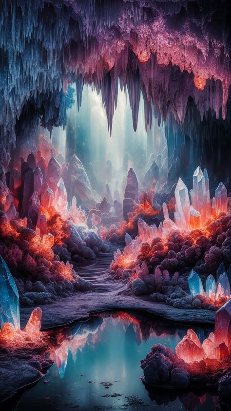 Immerse yourself in a breathtaking underground realm with our Crystal Cave wallpaper. Ethereal light illuminates stunning crystalline formations in a vibrant palette reminiscent of Impressionism. Soft blues, purples, and fiery oranges create a harmonious scene, complete with graceful stalactites and a tranquil reflecting pool. Perfect for nature lovers and dreamers seeking serene beauty in their space. #CrystalCave #Wallpaper #InteriorDesign #NatureArt Cave Of Crystals, Crystal Cave Aesthetic, Dragon In Cave, Fantasy Manor, Wallpaper Ethereal, Gem Cave, Post Humanism, Magical Cave, Cave Wallpaper