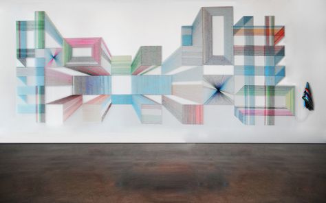 adrian esparza weaves and nails serape threads to the wall - designboom | architecture Texas Crafts, Perez Art Museum, Serape Blanket, Texas Artist, Art Installation, Wedding Art, Design Graphique, String Art, Design Element