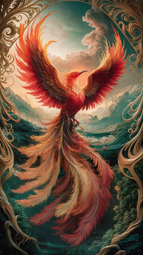 Immerse yourself in the stunning beauty of this phoenix wallpaper, where a magnificent bird rises from ashes in radiant hues of red, orange, and gold. Set against a mystical landscape, intricate Art Nouveau patterns frame the scene, while the interplay of light and shadow captures the essence of transformation. Perfect for those seeking art inspired by mythology, nature, and vivid landscapes. Download now for your device! Dragon And Phoenix Wallpaper, Phoenix Bird Color Palette, Rising Phoenix Wallpaper, Pheonix Aestethic Wallpaper, Phoenix Bird Wallpaper, Real Phoenix Bird, Fenix Bird, Mystical Wallpaper, Tato Phoenix