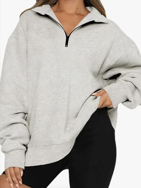 Gray, oversized sweater. Gym Track, Womens Oversized Sweatshirts, Track Suits, Bandeau Tops, Short Playsuit, Fashion Hoodies, Half Zip Sweatshirt, Oversized Blouse, Pregnancy Maxi Dress