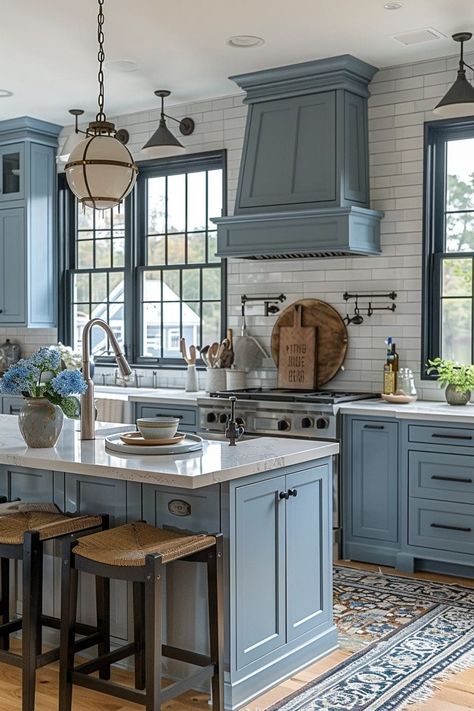 Victorian Kitchen Aesthetic, Decorating Aesthetic, Italy Kitchen, Light Blue Kitchens, Серая Кухня, Blue Kitchen Cabinets, Blue Cabinets, Coastal Kitchen, Kitchen Inspiration Design