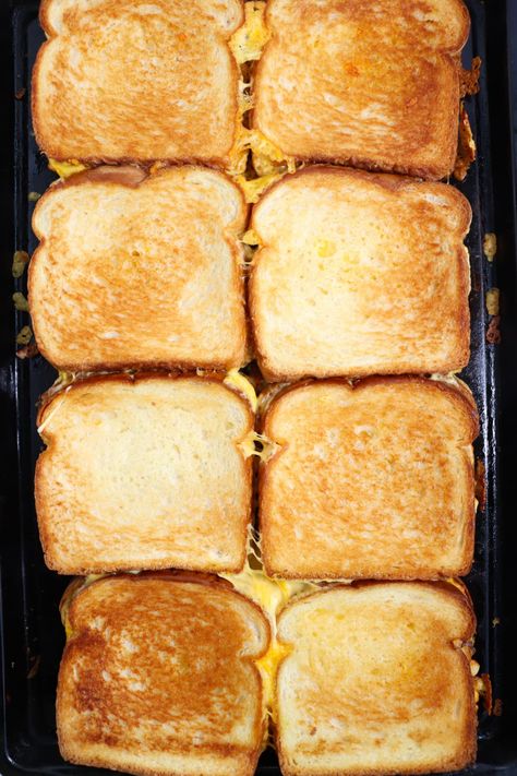 Oven Grilled Cheese Recipe - Kitchen Divas School Grilled Cheese, Grilled Cheese In The Oven Cookie Sheets, Oven Grilled Cheese Sandwich, Baked Grilled Cheese Sandwich, Oven Baked Grilled Cheese Sandwiches, Sheet Pan Grilled Cheese, Grilled Cheese Oven, Easy Grilled Cheese Recipes, Oven Baked Grilled Cheese