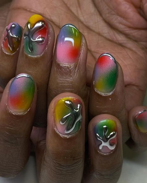 Nail Art In Short Nails, Fun Nail Art Short Nails, Cool Short Nails Design, Eclectic Nail Art, Cute Pride Nails, Short Natural Nails Designs, Short Colorful Nails, Funky Short Nails, Pride Nails Short