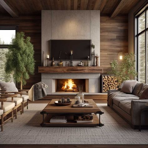 Lounge Room Ideas Fireplace, Rec Room Fireplace Ideas, Fireplace In The Living Room, Modern Fireplace With Wood Storage, Contemporary Fireplace Tv Wall, Modern Mountain Home Interior Fireplaces, Modern Rustic Tv Wall, Electric Fireplace Ideas With Tv And Sound Bar, Cottage Style Fireplace Ideas