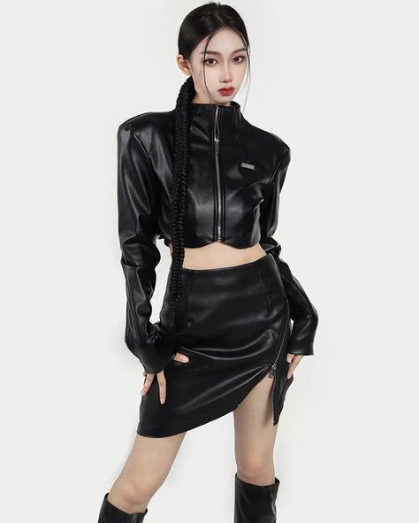 Futuristic Skirt, Black Turtleneck Outfit, Turtleneck Jacket, Black Jacket Outfit, Black Leather Outfit, Skirt Matching Set, Futuristic Clothing, Dance Style Outfits, Y2k Makeup