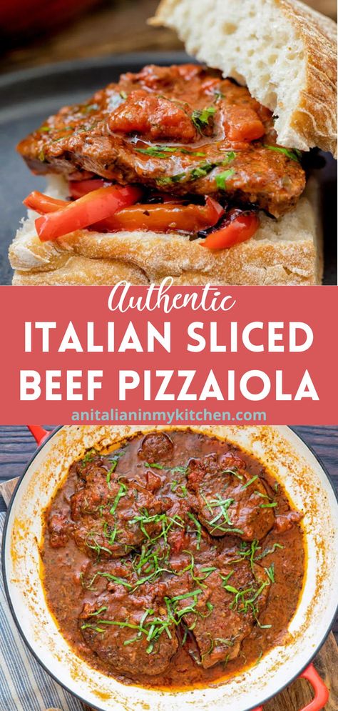 Sliced Beef Pizzaiola, a fast and easy Italian dish. Slices of Beef in a deliciously spiced Tomato Sauce. Perfect on its own or make the ultimate Pizzaiola Sandwich. The best Italian Beef you can make! Beef Pizzaiola, Sliced Beef Recipes, Italian Meat Dishes, Milanesa Recipe, Italian Roast Beef, Steak Pizzaiola, Italian Sauce Recipes, Beef Cutlets, Italian Beef Recipes