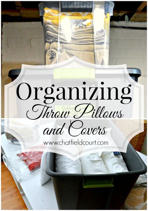 How to easily organize your throw pillows and pillow covers so you know what you have. www.chatfieldcourt.com How To Store Throw Pillows, How To Store Pillows, How To Wash Throw Pillows, Organizing Linens, Seasonal Pillows, Pillow Storage, Euro Pillows, Holiday Throw Pillow, Throw Pillows Bedroom